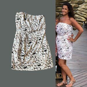 BCBG Strapless Printed Mini Dress – Black/Gold Circles – Size 10